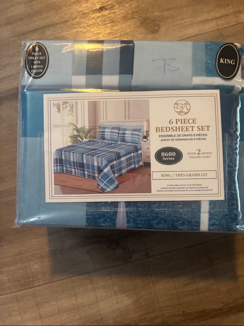 6-Piece Blue Plaid Bedsheet Set - King, 8600 Series